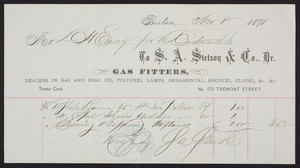 Billhead for S.A. Stetson & Co., gas fitters, No. 173 Tremont Street, Boston, Mass., dated November 8, 1878