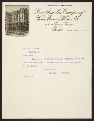 Letterhead for the Los Angeles Company, wines, brandies, whiskies, etc., 51 & 52 Summer Street, Boston, Mass., dated May 4, 1908