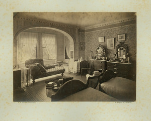 Interior view of the Lyman Estate House, bedroom with twin beds, Waltham, Mass., 1884