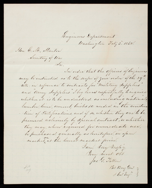 Joseph Gilbert Totten, Chief of Engineers to Edwin M. Stanton, February 3, 1862, copy