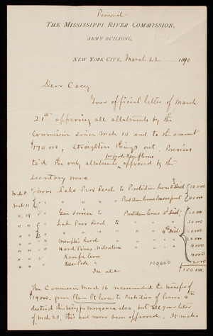 [Cyrus] B. Comstock to Thomas Lincoln Casey, March 22, 1890