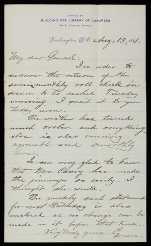 [Bernard R.] Green to Thomas Lincoln Casey, August 13, 1891
