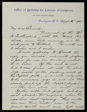 [Bernard R.] Green to Thomas Lincoln Casey, September 5, 1891