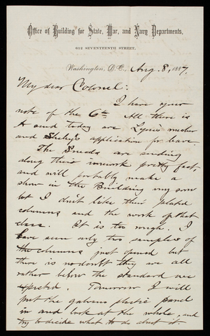 Bernard R. Green to Thomas Lincoln Casey, August 8, 1887