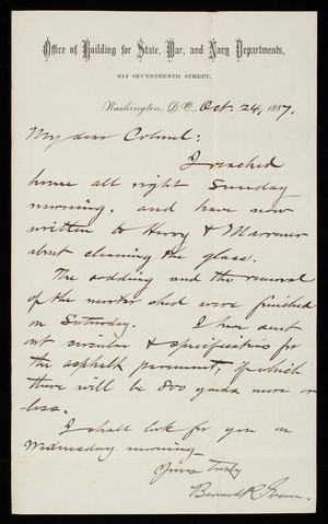 Bernard R. Green to Thomas Lincoln Casey, October 24, 1887