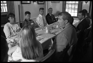 Bob Meers (center) in a lunch-time discussion with Isenberg School of Management students at the University Club, UMass Amherst