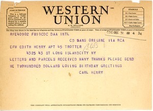 Telegram from Carl Henry to Edith Henry