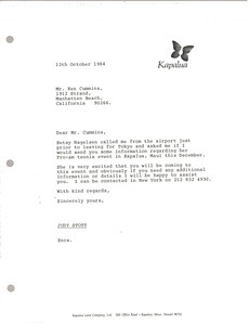 Letter from Judy Stott to Ken Cummins