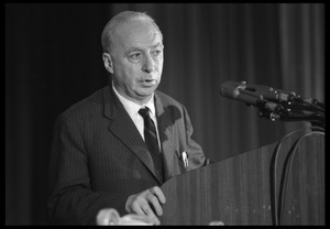 Hans J .Morgenthau, speaking at the National Teach-in on the Vietnam War: half-length portrait at the podium