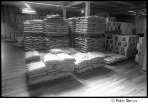 Pallets of sacks in the Erewhon Food Coop stockroom, Farnsworth Street warehouse