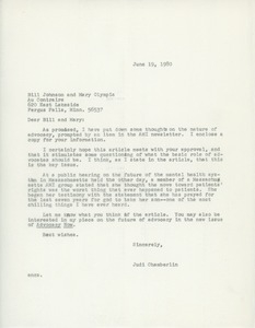 Letter from Judi Chamberlin to Bill Johnson and Mary Olympia