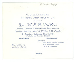 Invitation to a tribute and reception in honor of Dr. W. E. B. Du Bois