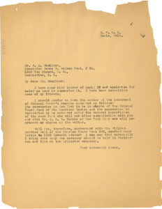 Letter from W. E. B. Du Bois written on behalf of Ada Young to W. A. Hamilton