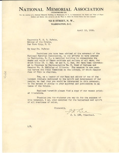 Letter from National Memorial Association to W. E. B. Du Bois