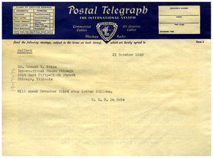 Telegram from W. E. B. Du Bois to International House Chicago