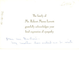 Thank you card from Ruth L. Ashenhurst to W. E. B. Du Bois