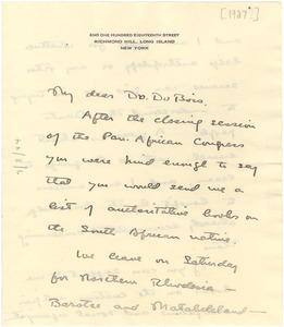 Letter from Elizabeth Man to W. E. B. Du Bois