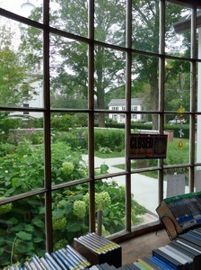 Munson Memorial Library: view of the garden and town common from inside the library
