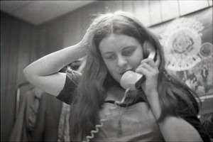 Bernadette Devlin McAliskey on the phone at the WBCN office