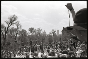 Demonstration at State House against the killings at Kent State: protesters on State House steps applauding and raising fists (view toward Boston Common)