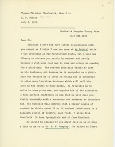 Transcript of letter from Thomas Fletcher to Erasmus Darwin Hudson