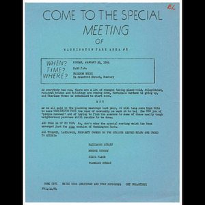 Flier for Washington Park Area 8 meeting to be held January 20, 1964