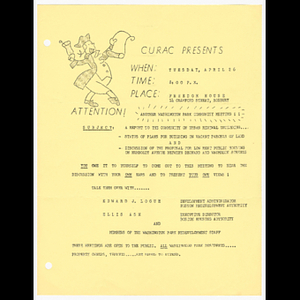 Flier for CURAC meeting on April 26, 1966 including speakers Edward J. Logue and Ellis Ash