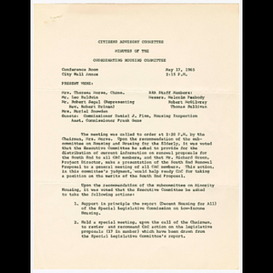 Minutes for Citizens Advisory Committee Coordinating Housing Committee meeting on May 17, 1965