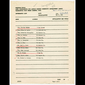Attendance list for Dale Street extended area meeting on May 9, 1962