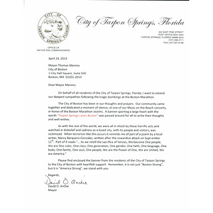 Letter from Mayor David O. Archie of Tarpon Springs to Mayor Menino