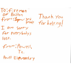 Message of thanks and sympathy addressed to Boston Firemen from a third grade student at Powell Elementary School