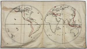 Orra White Hitchcock drawing of world map of volcanic areas