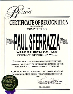 Certification of recognition to Commander Paul Sferrazza