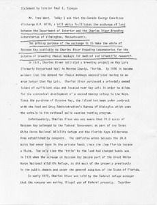Draft of Statement by Senator Paul E. Tsongas requesting the discharge of H.R. 6218, a bill to facilitate the exchange of land between the Department of Interior and the Charles River Breeding Laboratory