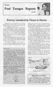 Senator Paul Tsongas Reports: Energy leadership close to home