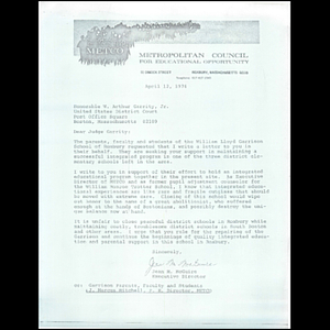 Letter, Judge Garrity, April 12, 1976.