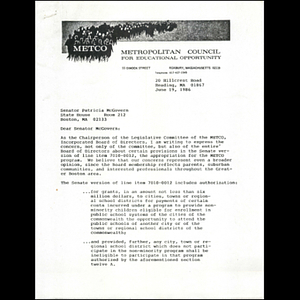 Letter, Senator Patricia McGovern, June 19, 1986.