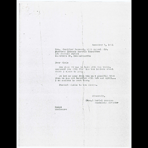 Letter from Muriel Snowden of Freedom House to Winnifred Barrett of the American Friends Service Committee