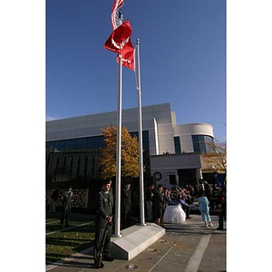 Flags fly over the Veterans Memorial dedication ceremony