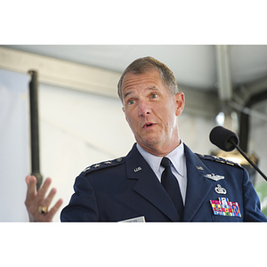 Lieutenant General Ted F. Bowlds, commander of the Electronics Systems Center at Hanscom Air Force Base, speaks at the groundbreaking ceremony