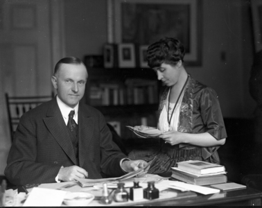 Calvin and Grace Coolidge in the Adams House, Boston, Massachusetts, 1920, after receiving notification of his nomination for Vice President.