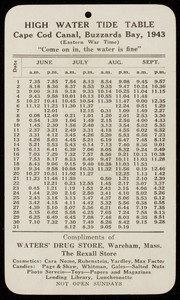 High Water Tide Table, Cape Cod Canal, Buzzards Bay