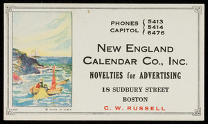 Trade card for the New England Calendar Co., Inc., novelties for advertising, 18 Sudbury Street, Boston, Mass., undated