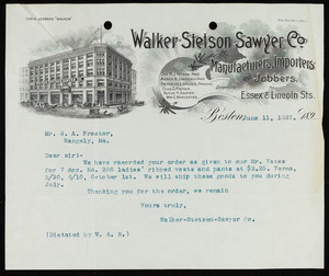 Letterhead for the Walker Stetson Sawyer Co., manufacturers, importers and jobbers, Essex & Lincoln Streets, Boston, Mass., dated June 11, 1897