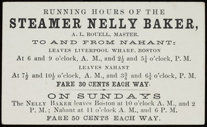 Trade card for the steamer Nelly Baker, location unknown, undated