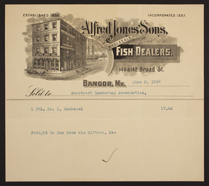 Billhead for Alfred Jones' Sons, fish dealers, 140 & 142 Broad Street, Bangor, Maine, dated June 8, 1908
