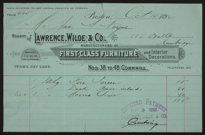 Billhead for Lawrence, Wilde & Co., manufacturers of first-class furniture and interior decorations, Nos. 38 to 48 Cornhill, Boston, Mass., dated October 15, 1892