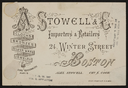 Trade card for A. Stowell & C., importers and retailers, 24 Winter Street, Boston, Mass., undated
