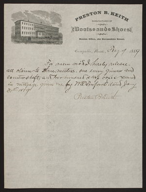Letterhead for Preston B. Keith, boots and shoes, 280 Devonshire Street, Boston and Campello, Mass., dated February 9, 1889