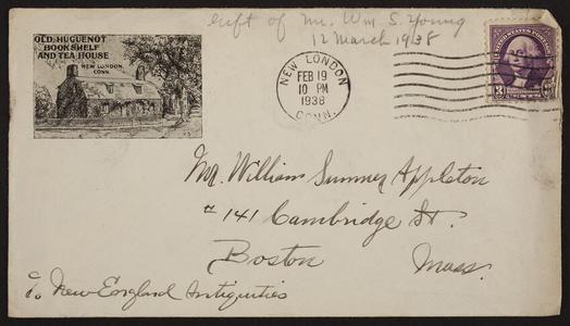 Envelope for Old Huguenot Bookshelf and Tea House, New London, Connecticut, dated February 19, 1938